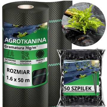 Agrotkanina antychwastowa agrowłóknina 70g czarna 1,6x50m UV 3% + KOŁKI