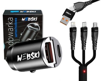 SZYBKA MAŁA ŁADOWARKA SAMOCHODOWA USB A QC3.0 / USB C 20W Z KABLEM 3W1 60W