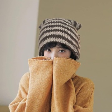 Женская вязаная шапка-бини в полоску, Y2K Готическая вязаная крючком шапка с кошачьими ушками,