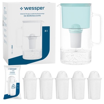 Dzbanek filtrujący szklany Wessper 3l Miętowy + 6x Filtr aquaclassic 77g