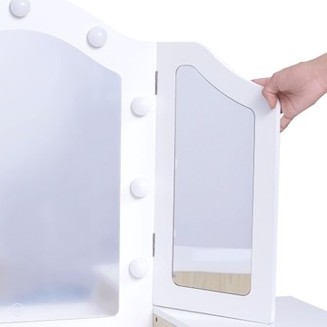 Деревянный туалетный столик для детей со стулом, аксессуарами и светодиодной подсветкой.