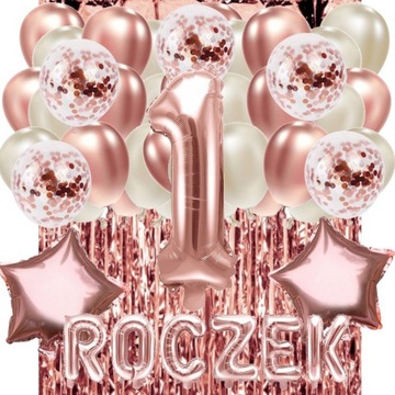 BALONY ZESTAW kurtyna ROCZEK 1 URODZINY ROSE GOLD