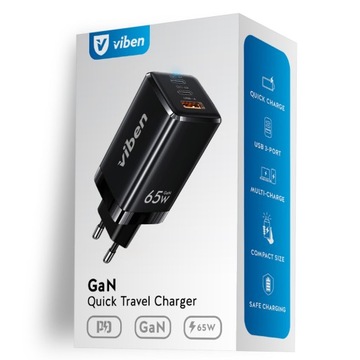 СЕТЕВОЕ ЗАРЯДНОЕ УСТРОЙСТВО VIBEN GAN 2x USB-C 1x USB-A БЫСТРАЯ ЗАРЯДКА QC PD FCP 65 Вт