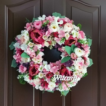 Wianek wiosenny letni ślubny powitalny na drzwi WITAMY 42cm delikatny kwiat