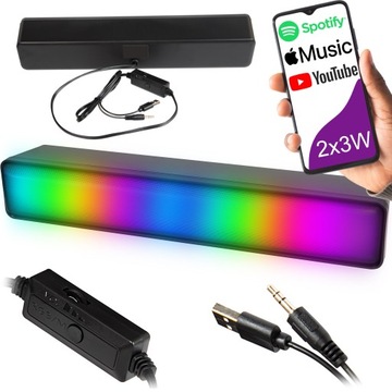 GŁOŚNIK SOUNDBAR GAMINGOWY RGB LED 2.0 MINI JACK 3,5mm AUX USB 5V DC 2x3W