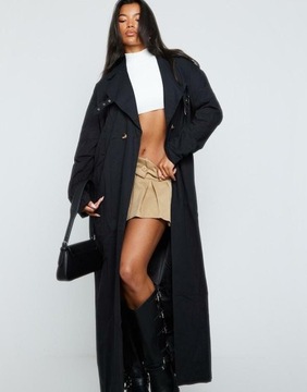 PRETTYLITTLETHING CZARNY PŁASZCZ OVERSIZE TRENCZ 2CQ NG4__L