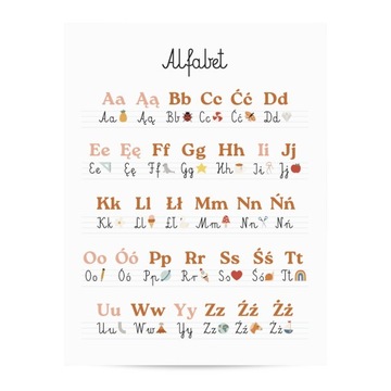 Plakat Alfabet Montessori dekoracja ozdoba pokój dziewczynki 21x30 cm A4