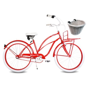Rower beach Cruiser damski 26 damka RUBY ROYALBI czerwony 3 biegi koszyk