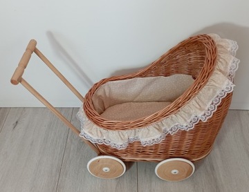Плетеная коляска для кукол, НАТУРАЛЬНЫЙ лен.