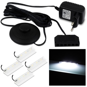 ZESTAW 4X KLIPS LED DO PÓŁKI SZKLANEJ +ZASILANIE