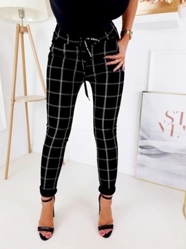 Spodnie damskie cygaretki elastyczne styl włoski krata czarne r. XL