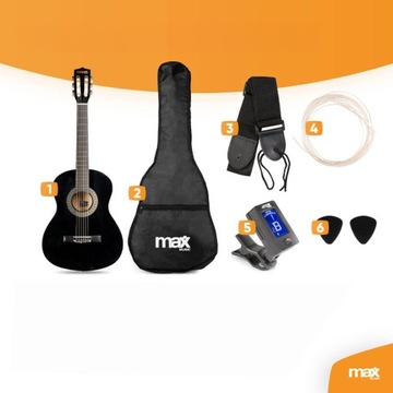 Молодёжная классическая гитара SoloArt Max 3/4, чёрная + аксессуары