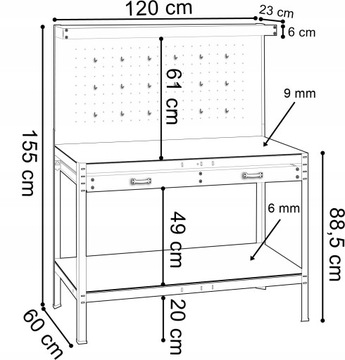 ИНСТРУМЕНТАЛЬНЫЙ СТОЛИК ДЛЯ МАСТЕРСКОЙ ДЛЯ ГАРАЖА СТУДИИ, ТВЕРДЫЙ, БОЛЬШАЯ ВЕРХНЯЯ, КРЮКИ