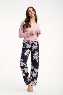 Piżama damska LUNA kod 614 pudrowy róż / granatowe spodnie w kwiaty XL