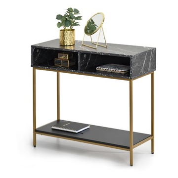 MARMUROWA KONSOLA 80CM FRIDA Z PÓŁKĄ 2 WNĘKAMI ZŁOTE NOGI DO PRZEDPOKOJU