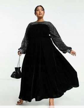 Asos Curve gtd dlhé velúrové šaty čierny rukáv zdobenie maxi XXL