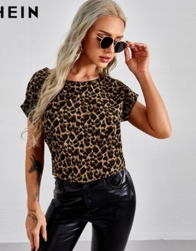 SHEIN T-SHIRT BRĄZOWY PRINT ZWIERZECY 40 L EAC Shein
