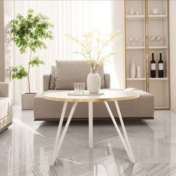 okrągły stolik kawowy metalowy biały loft do salonu złote obrzeże