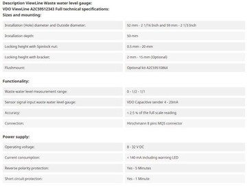 Индикатор уровня сточных вод VDO 52 мм A2C59512343