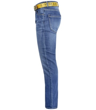 Klasyczne spodnie męskie jeansy z żółtym paskiem 32