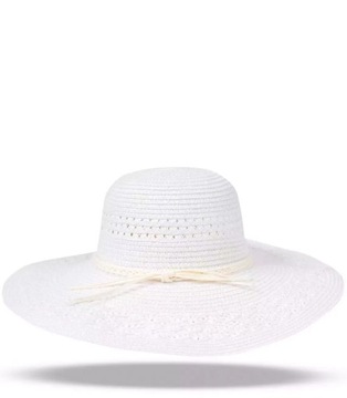 Modny duży damski kapelusz szerokie rondo ażur (Biały)