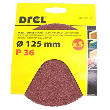 PAPIER ŚCIERNY NA RZEP KRĄŻKI 125mm P36 - 5szt
