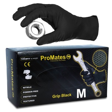 Rękawice Nitrylowe MOTO GRIP GRUBE MOCNE CZARNE dla Mechaników PROMATES M