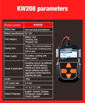 Tester akumulatorów samochodowych Konnwei KW208