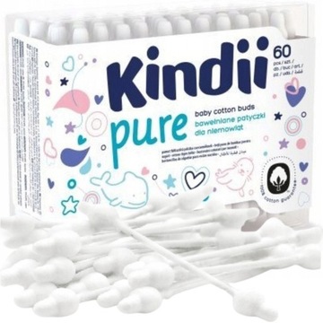 Patyczki Higieniczne Cleanic Kindii Pure z Ogranicznikiem 60szt Bawełniane