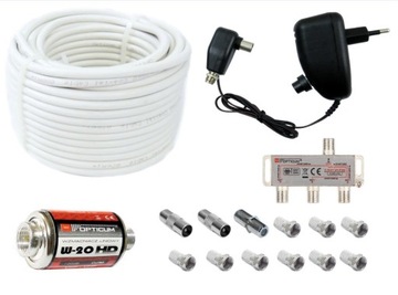 ZESTAW 3 TV ZASILACZ WZMACNIACZ SPLITTER KABEL 20 m WTYKI