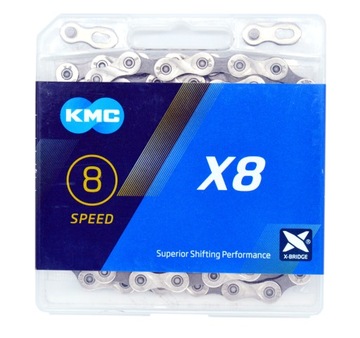 Łańcuch rowerowy KMC X8 8 rzędowy 114 ogniw SREBRNY/SZARY BOX + SPINKA