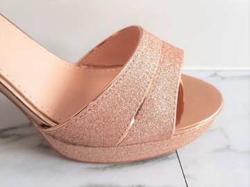 SZAMPAŃSKIE BUTY SANDAŁKI SŁUPEK PLATFORMA BROKAT 37