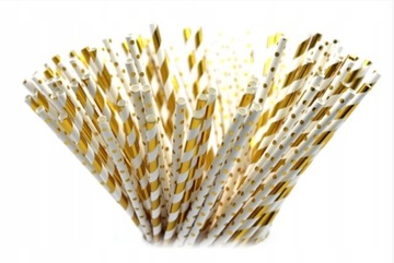 SŁOMKI RURKI PAPIEROWE paski kropki złote 10szt