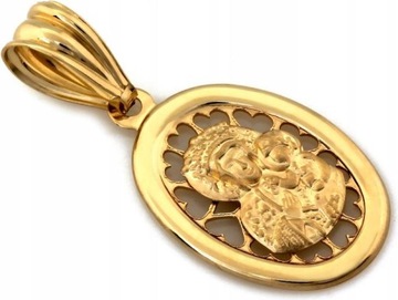 Złoty medalik 585 owalny kształt z Matką Boską Komunia Św na chrzest 14k