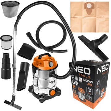 NEO ПРОМЫШЛЕННЫЙ СТРОИТЕЛЬНЫЙ ПЫЛЕСОС 1400ВТ 30Л ВЛАЖНАЯ СУХАЯ ДЛЯ ШТУКАТУРКИ + АКСЕССУАРЫ