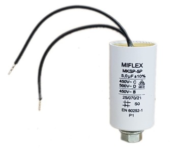 Kondensator rozruchowy silnika 5uF 450V MIFLEX MKSP-5P przewody śruba