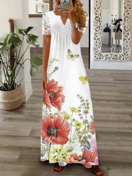 Damskie długie letnie klasyczne koronkowe sukienki z krótkim rękawem