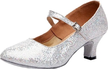 BUTY DO TAŃCA TANECZNE LATINO SALSA KACZUSZKA 6 CM ŚWIECĄCE SREBRNE 37