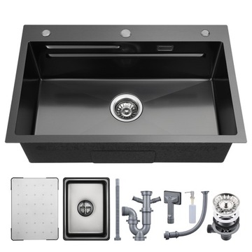 70x45CM Zlewozmywak jednokomorowy Czarny Inox z 300 ml Dozownikiem i Koszyk