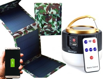 LAMPKA SOLARNA WISZĄCA STOJĄCA POD NAMIOT Z POWER BANKIEM MATA SOLARNA 10W