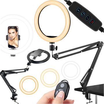 Lampa LED do zdjęć statyw ring uchwyt na telefon do blatu biurka + Pilot BT
