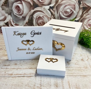 Pudełko na koperty + obrączki białe + księga złote dekory