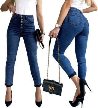 SPODNIE JEANSY damskie skinny wysoki stan guziki