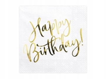 Serwetki Urodzinowe Białe Złoty Happy Birthday 20s