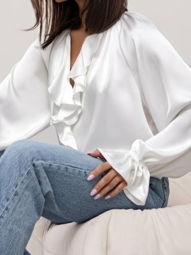 ЭЛЕГАНТНАЯ ЖЕНСКАЯ БЛУЗКА С ДЛИННЫМИ РУКАВАМИ, Оборками