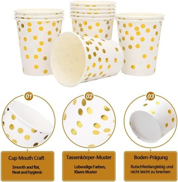 60 sztuk kolorowych kubków papierowych, 250 ml, papierowe kubki złote kropk