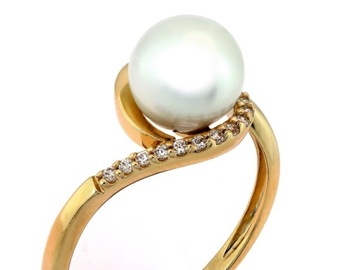 Złoty pierścionek 585 wyjątkowy zdobiony perłą i cyrkoniami r13 pudełko