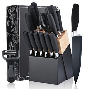 NOŻE KUCHENNE ZESTAW KOMPLET NOŻY W BLOKU STOJAK 15 EL. OBIERACZKA NOŻYCZKI