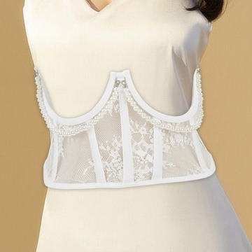 Koronkowy gorsetowy pasek z otwartymi miseczkami, regulowany, wiązany z tyłu pas wyszczuplający w talii do białej sukni