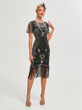 SUKIENKA CEKINOWA ART DECO WIELKI GATSBY LATA 20 RETRO SYLWESTER CZARNA L